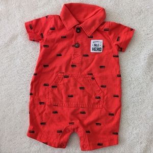 Carter's Newborn Red Polo shirt/shorts onesie. Mini Firetruck design.